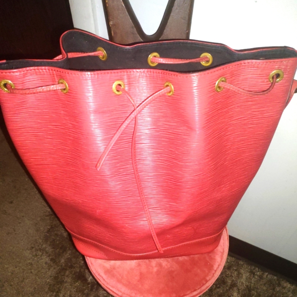 Red and Gold Leather Tote with Drawstring Closure